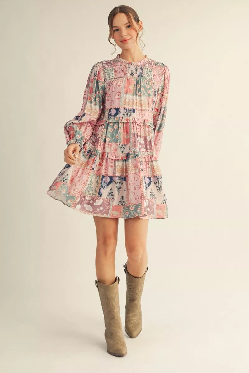 JODIFL Blush Patchwork Floral Smocked Yoke Tiered Mini Dress