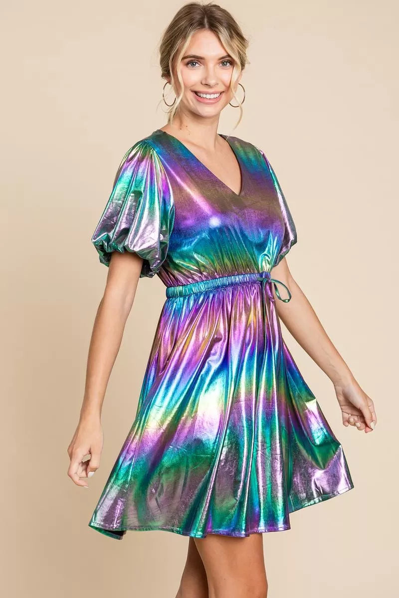Prism Glow Metallic Puff Sleeve Mini Dress