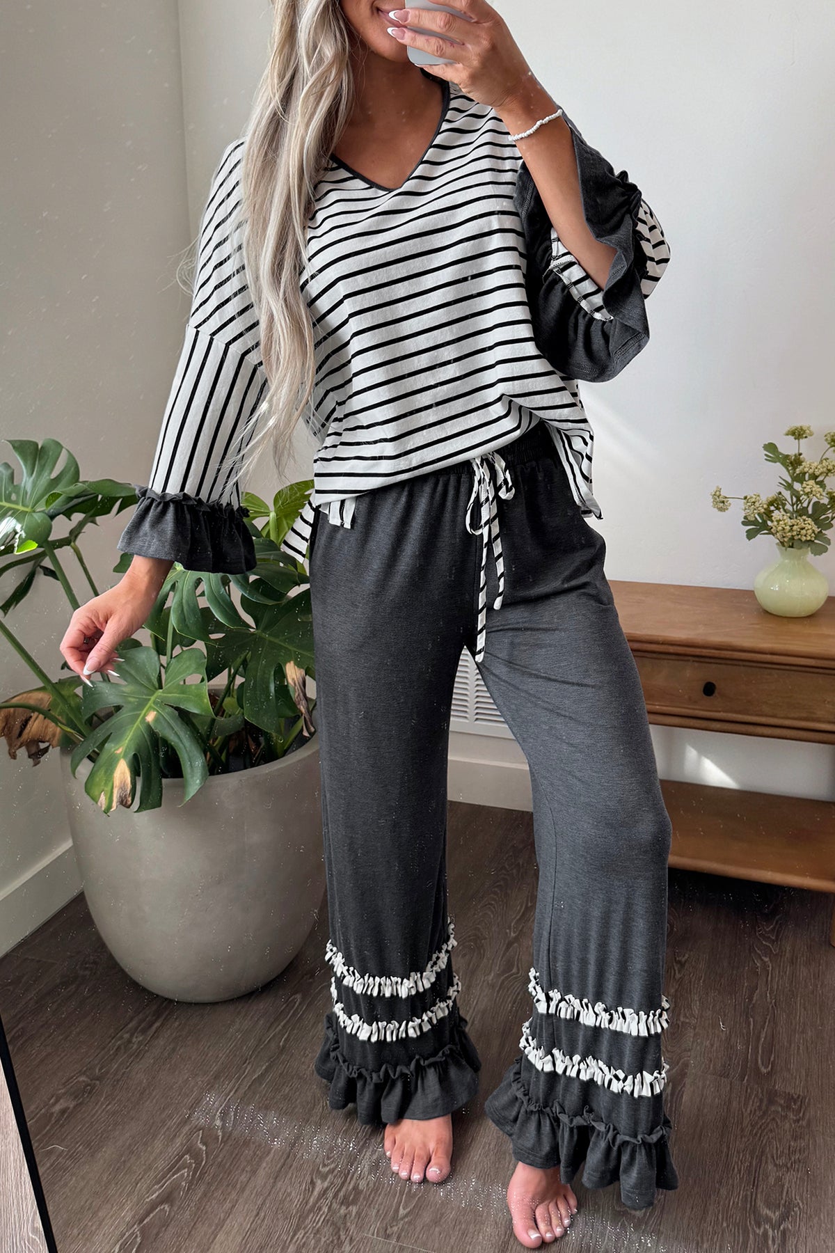 Blue Stripe V Neck Ruffle Contrast Sleeve Top Drawstring Pants 2pcs Set