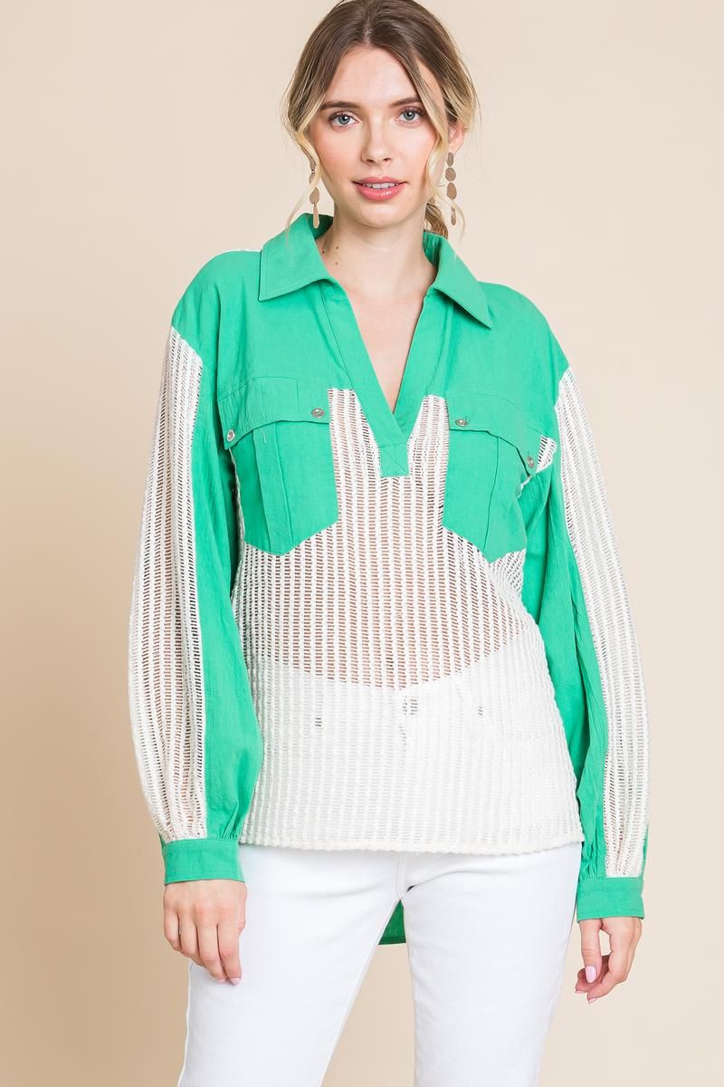 Emerald Coast Mesh Button-Up Top