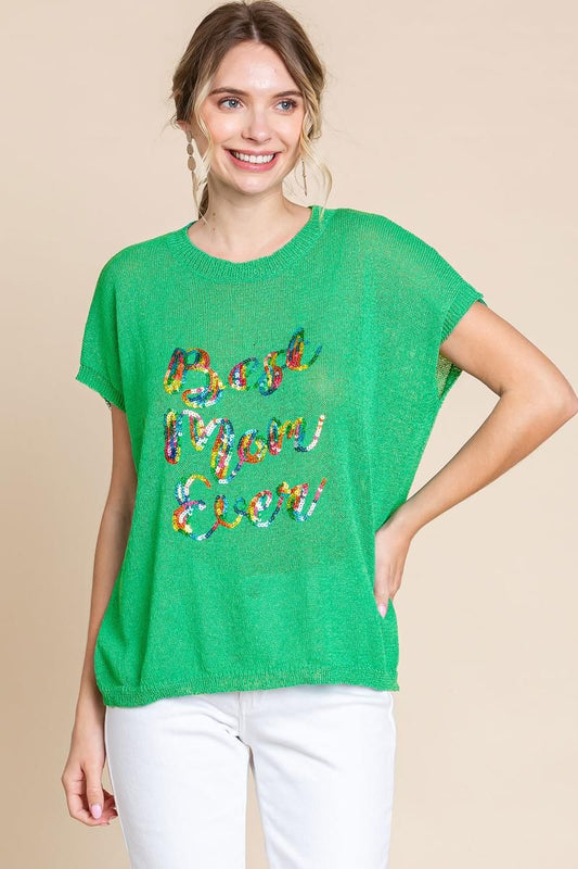 Best Mom Ever Sequin Knit Top