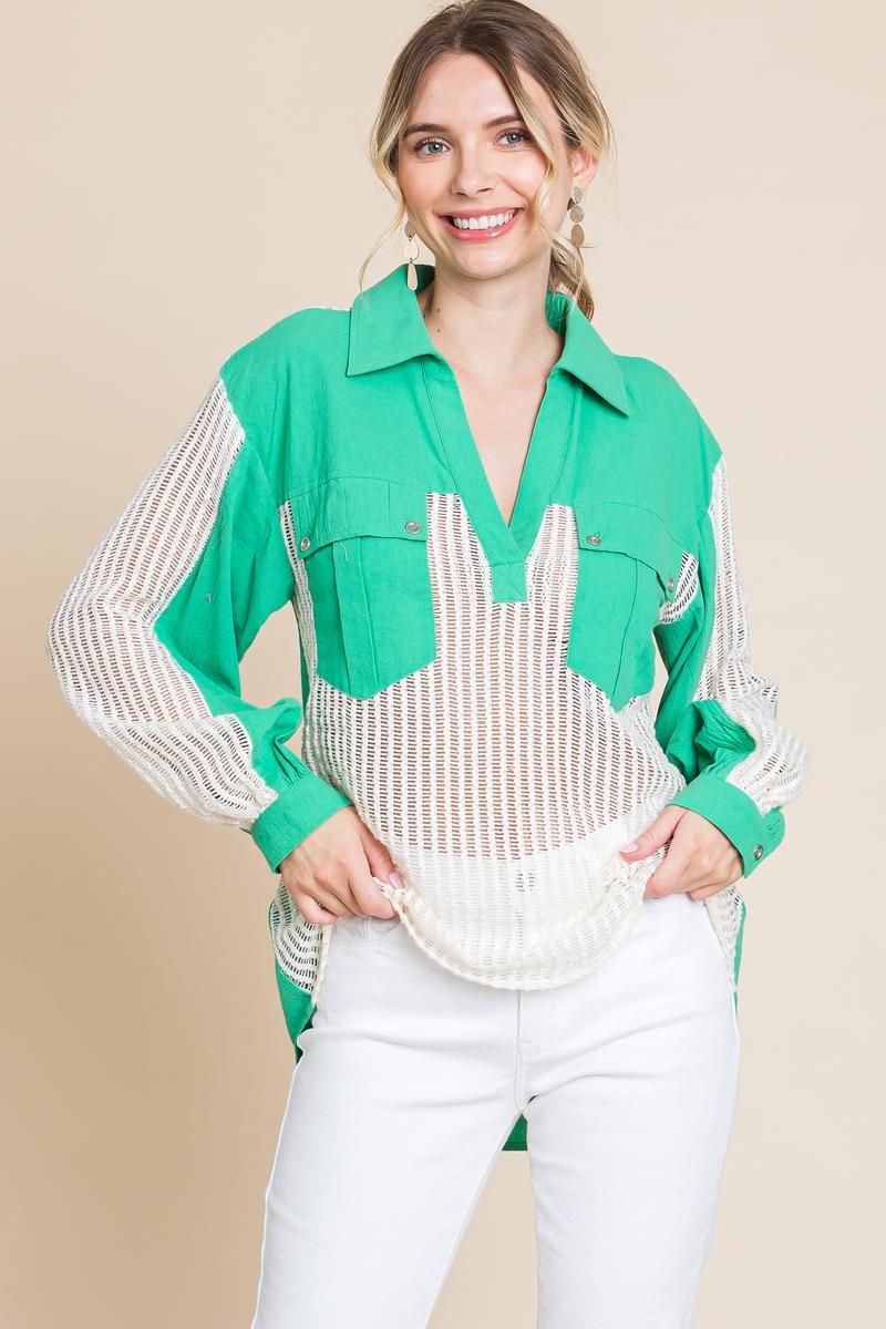 Emerald Coast Mesh Button-Up Top
