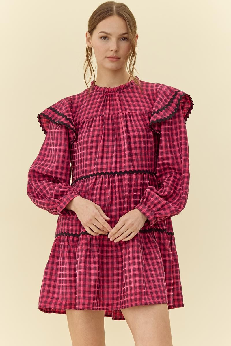 Fuchsia Plaid Ruffle Tiered Mini Dress