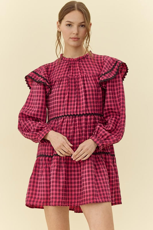 Fuchsia Plaid Ruffle Tiered Mini Dress