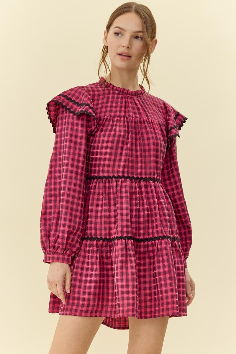 Fuchsia Plaid Ruffle Tiered Mini Dress