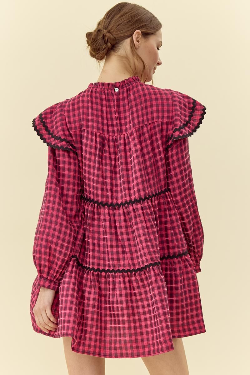 Fuchsia Plaid Ruffle Tiered Mini Dress