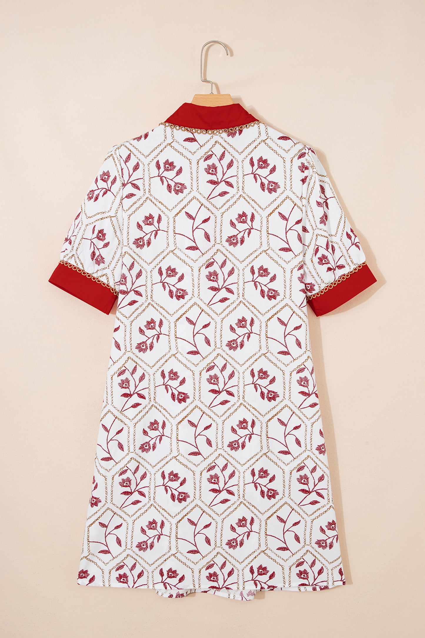 Blue Geometric Floral Print Lace Trim Collared Short Sleeve Mini Dress