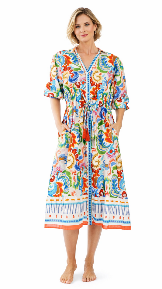 Colorful Resort Wear Midi Dress | Luxury Vacation Dress-0
