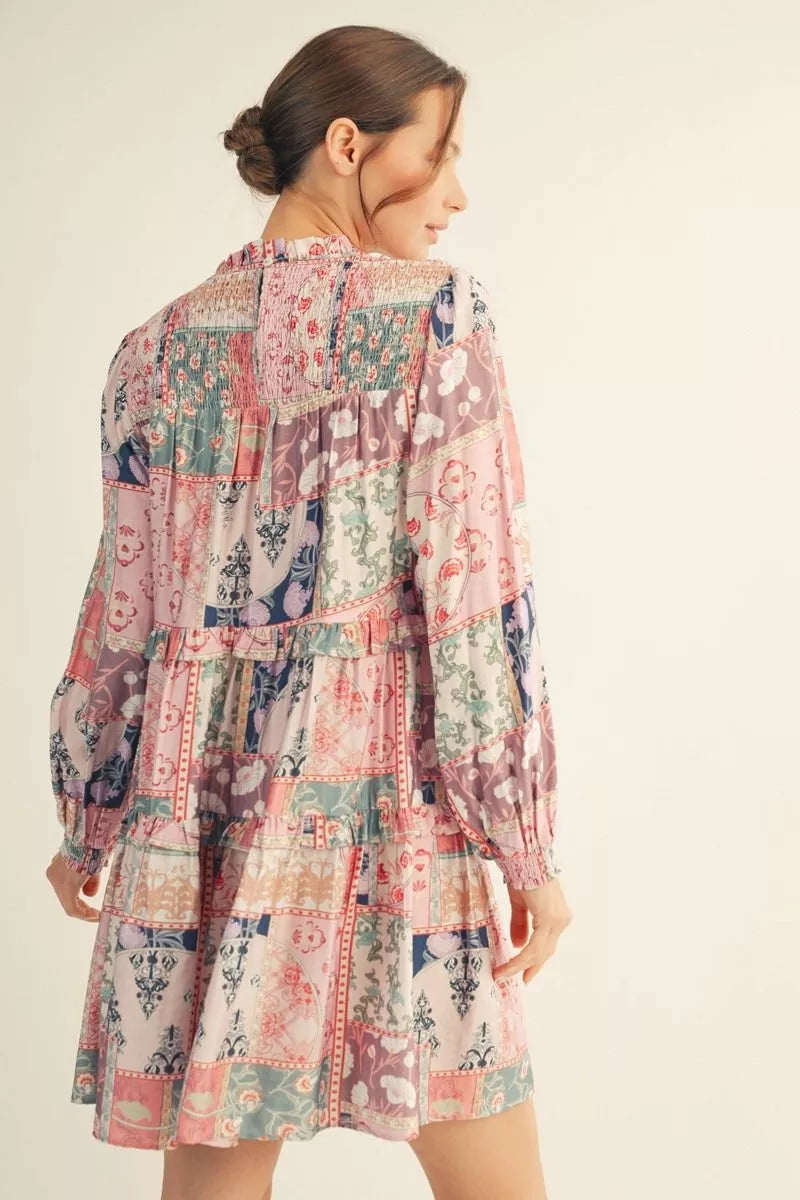 JODIFL Blush Patchwork Floral Smocked Yoke Tiered Mini Dress
