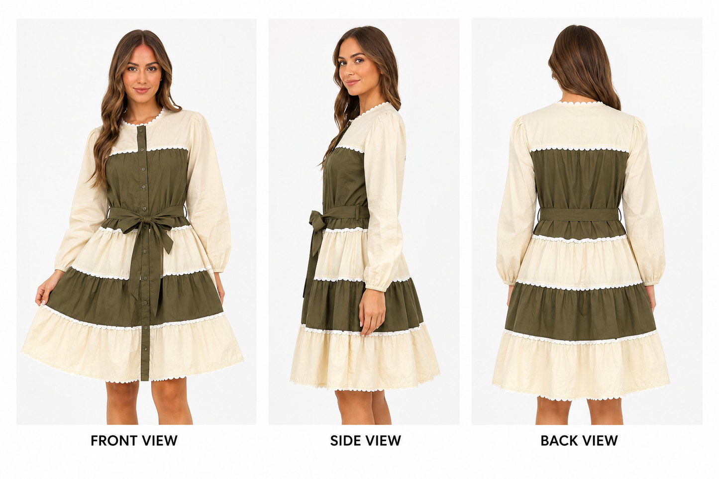 Olive & Ivory Scallop Trim Tiered Dress
