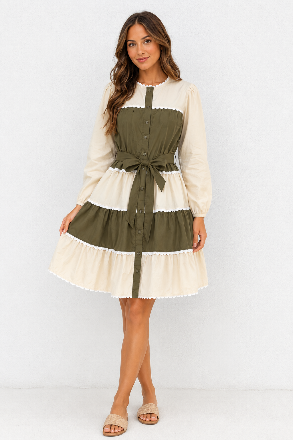 Olive & Ivory Scallop Trim Tiered Dress