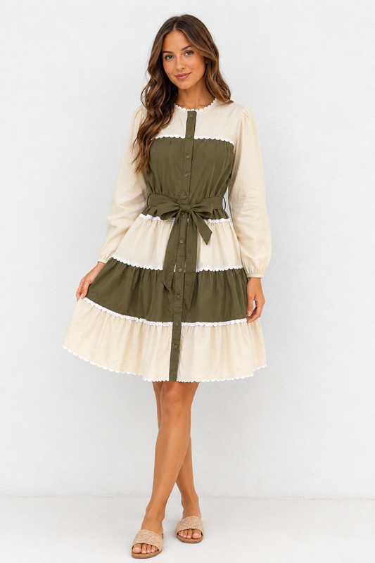 Olive & Ivory Scallop Trim Tiered Dress