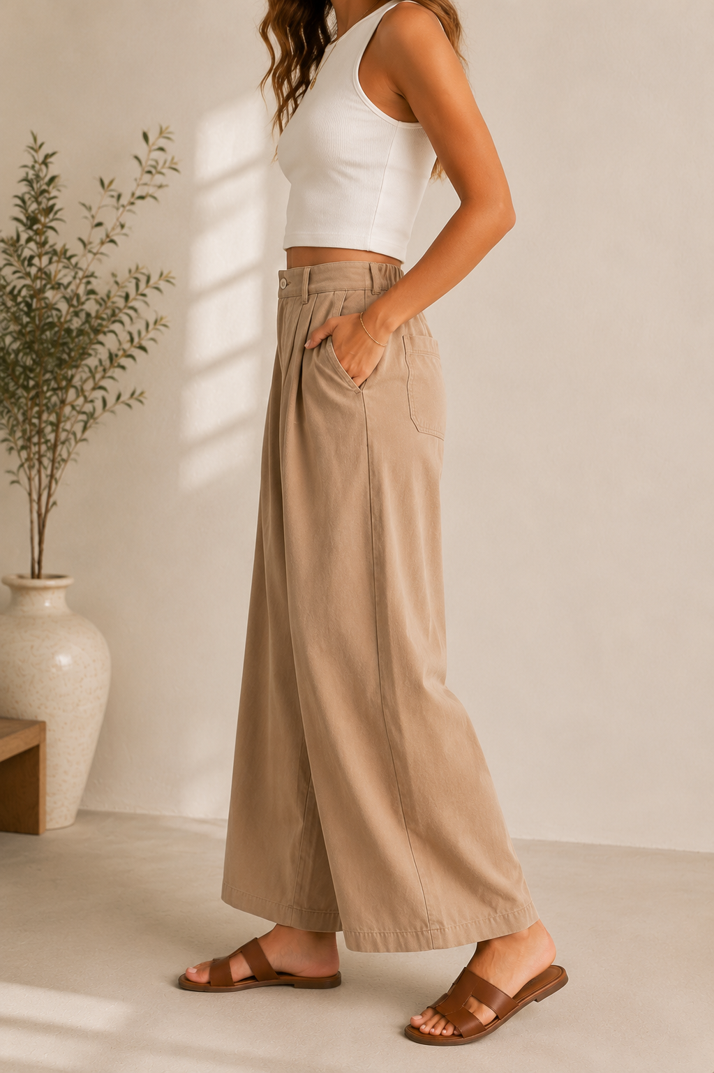 Everyday Ease Wide Leg Cotton Pants – Camel