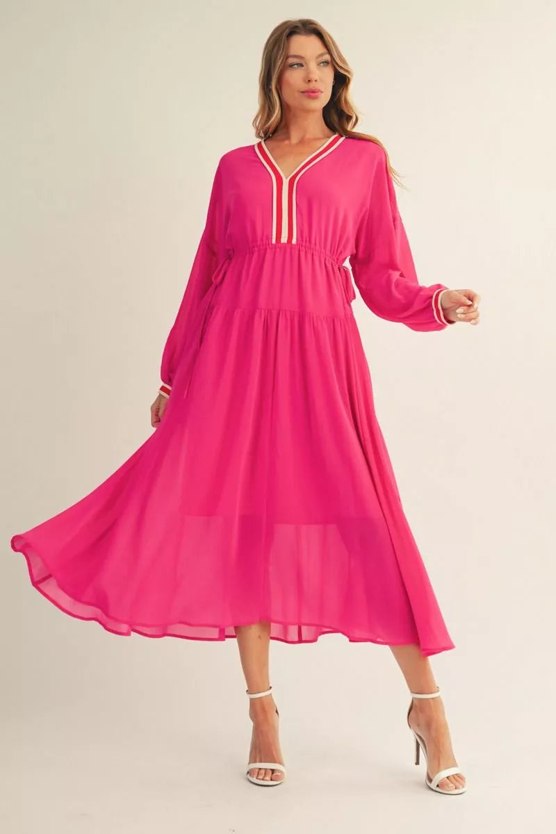 JODIFL Fuchsia Breeze Long Sleeve Midi Dress