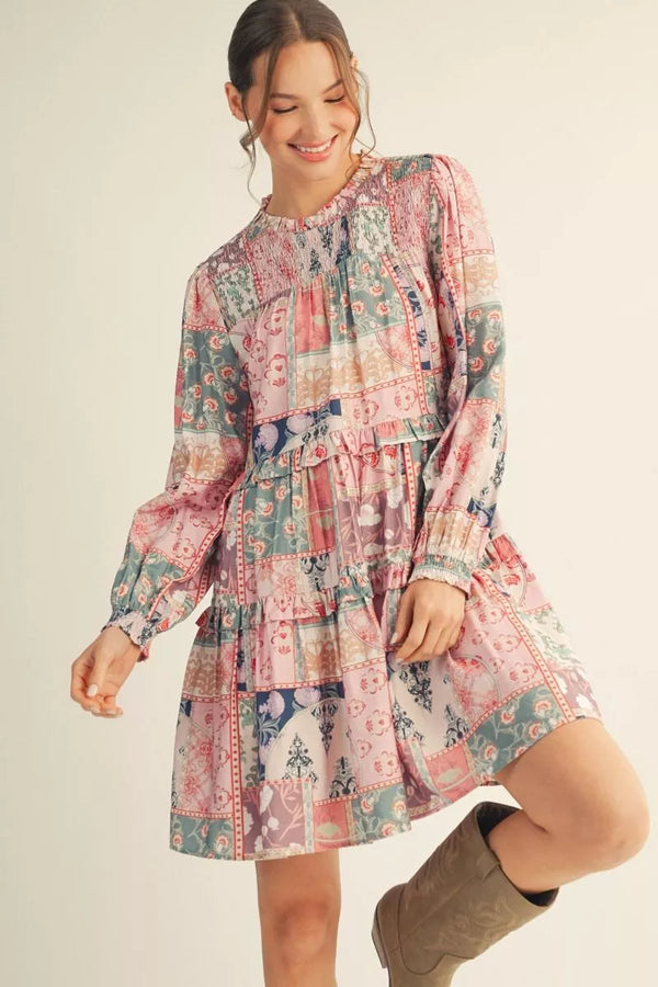 JODIFL Blush Patchwork Floral Smocked Yoke Tiered Mini Dress