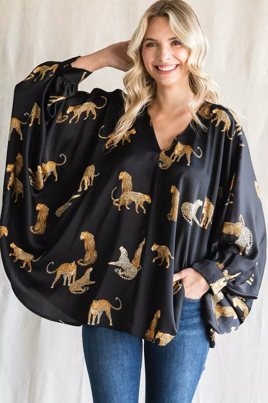 Wild Luxe Satin Leopard Print Poncho Blouse
