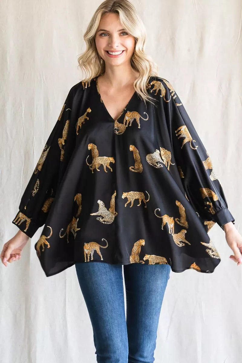 Wild Luxe Satin Leopard Print Poncho Blouse