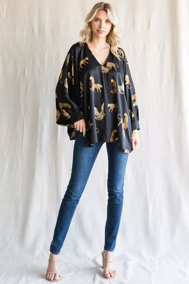 Wild Luxe Satin Leopard Print Poncho Blouse