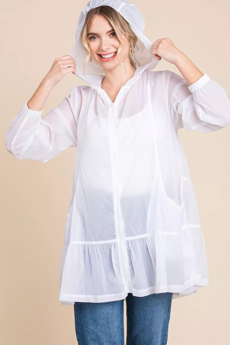 Sheer White Oversized Hooded Jacket with Ruffle Hem