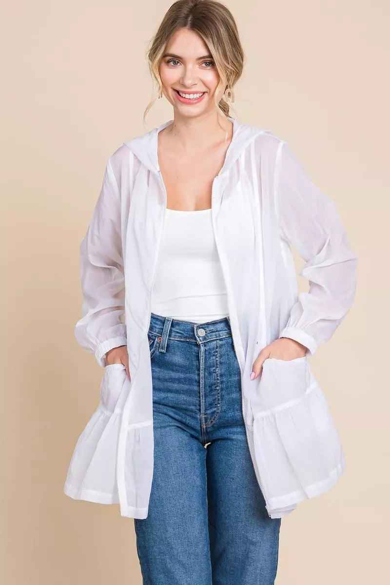 Sheer White Oversized Hooded Jacket with Ruffle Hem