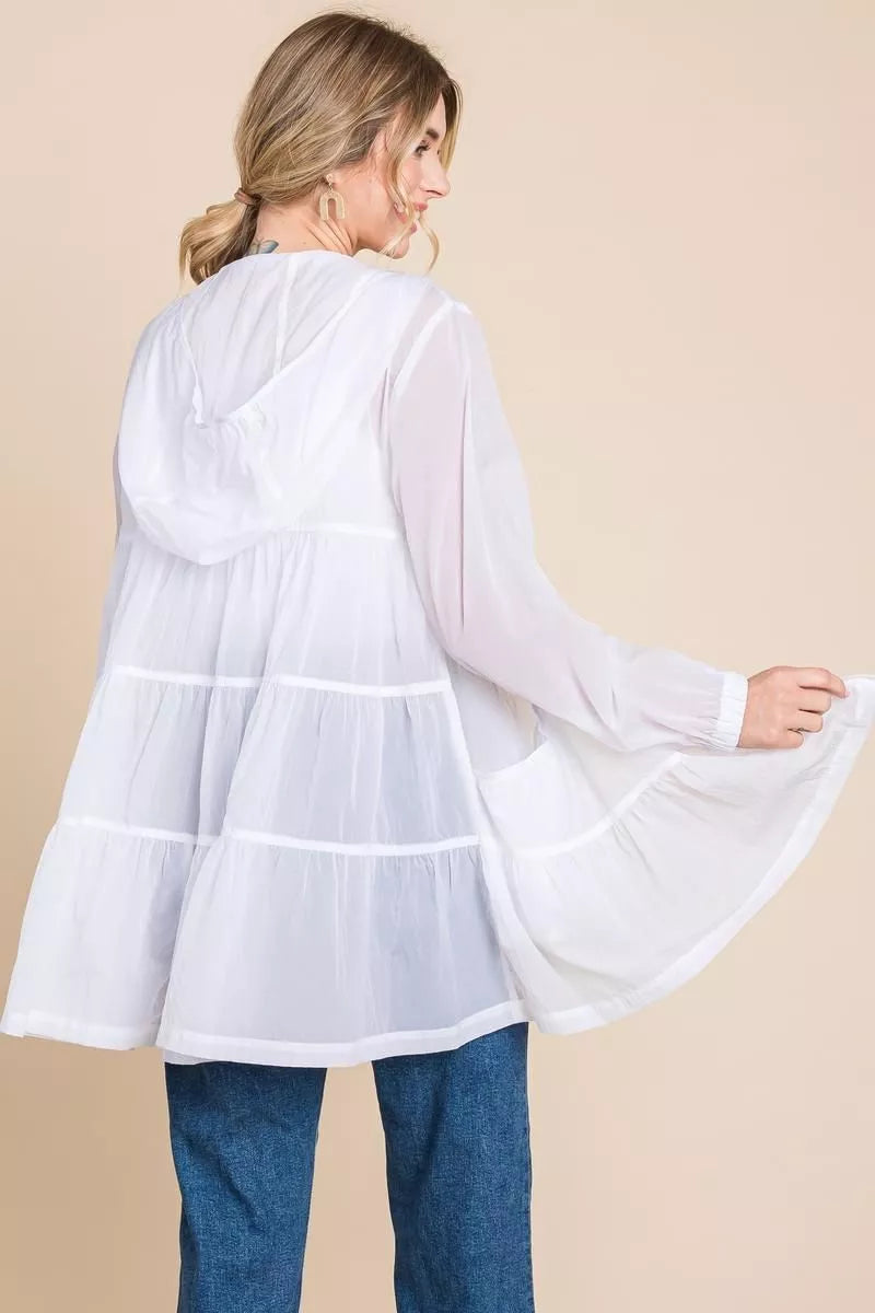 Sheer White Oversized Hooded Jacket with Ruffle Hem