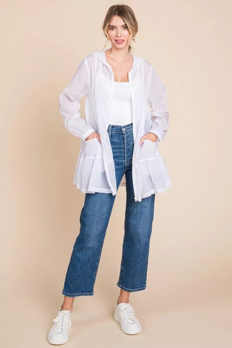 Sheer White Oversized Hooded Jacket with Ruffle Hem