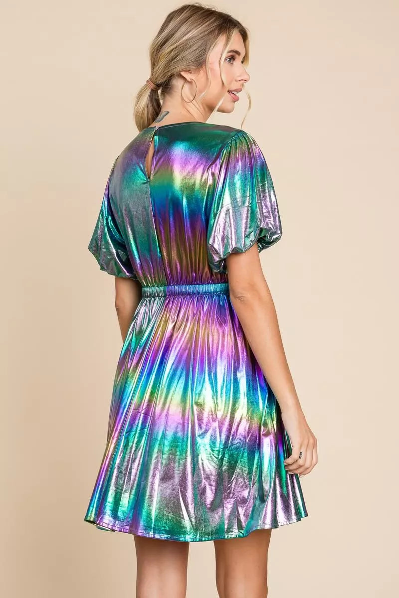 Prism Glow Metallic Puff Sleeve Mini Dress