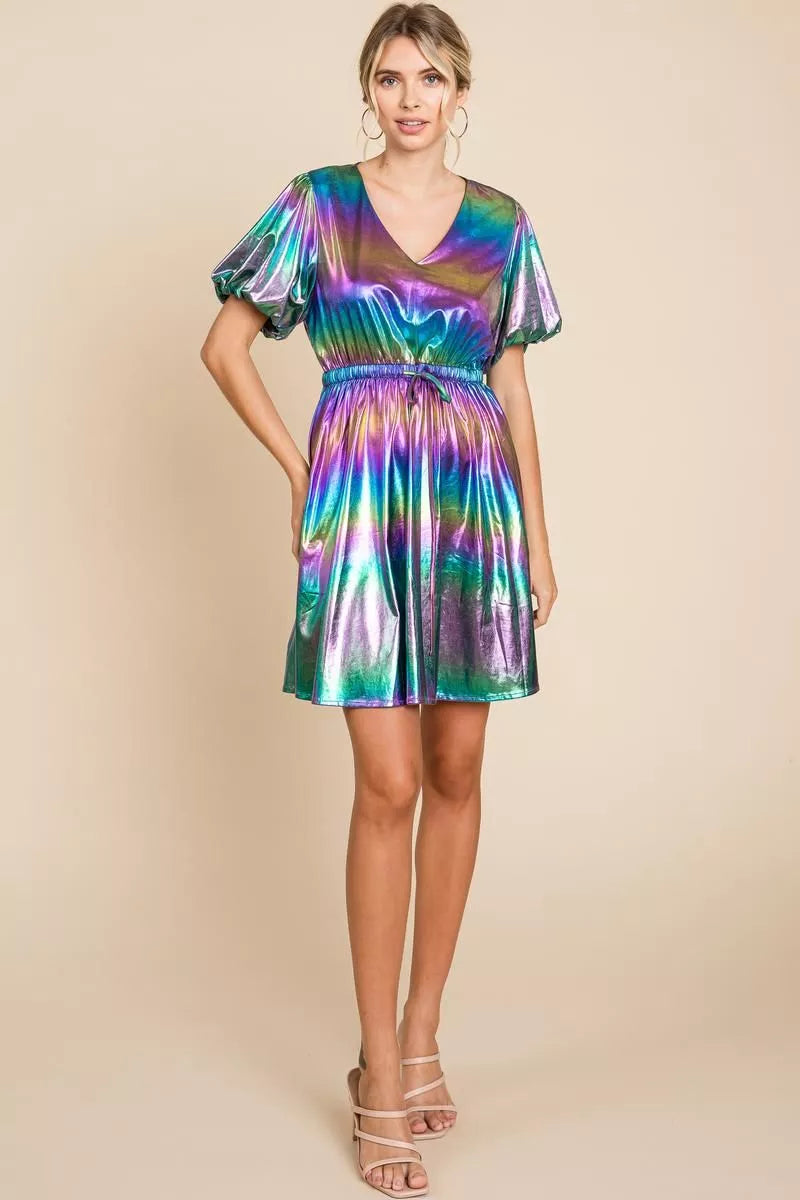 Prism Glow Metallic Puff Sleeve Mini Dress
