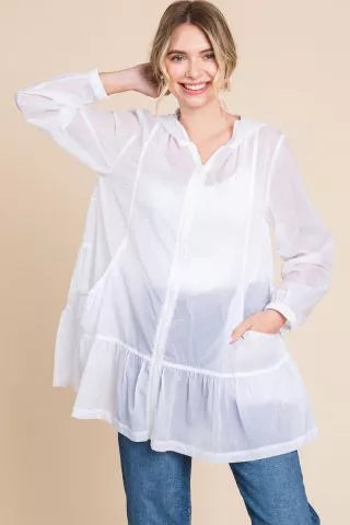 Sheer White Oversized Hooded Jacket with Ruffle Hem