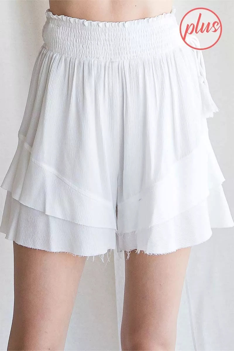 Coastal Breeze Tiered Ruffle Shorts – White