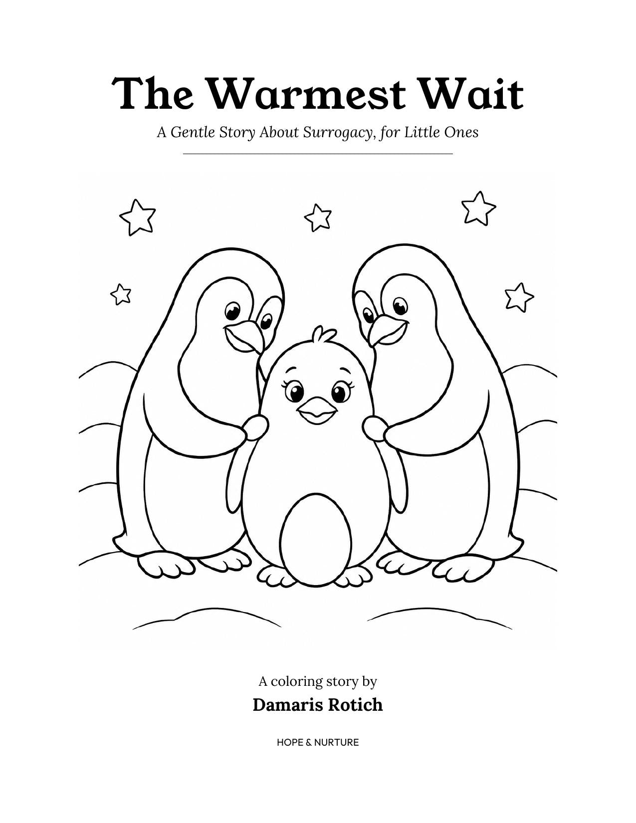 The Warmest Wait coloring book cover — line-art penguins with an egg