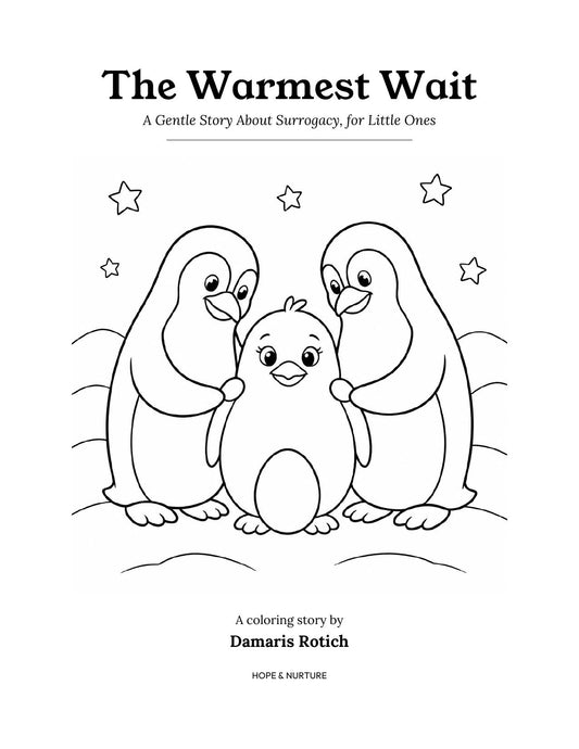 The Warmest Wait coloring book cover — line-art penguins with an egg
