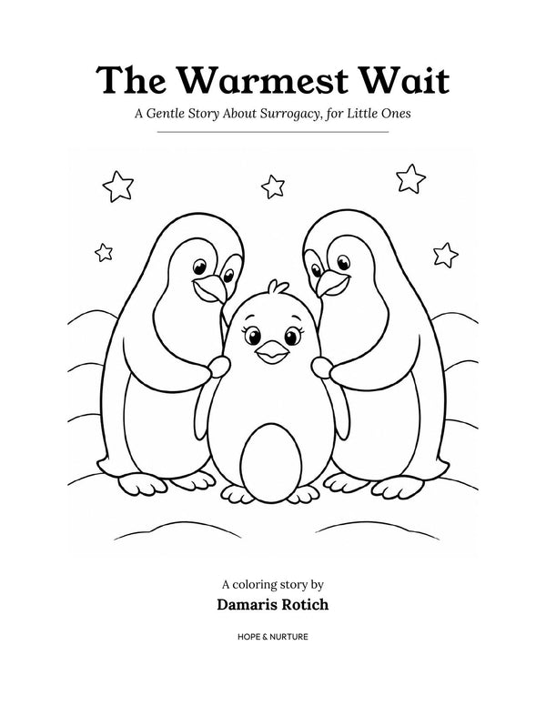 The Warmest Wait coloring book cover — line-art penguins with an egg