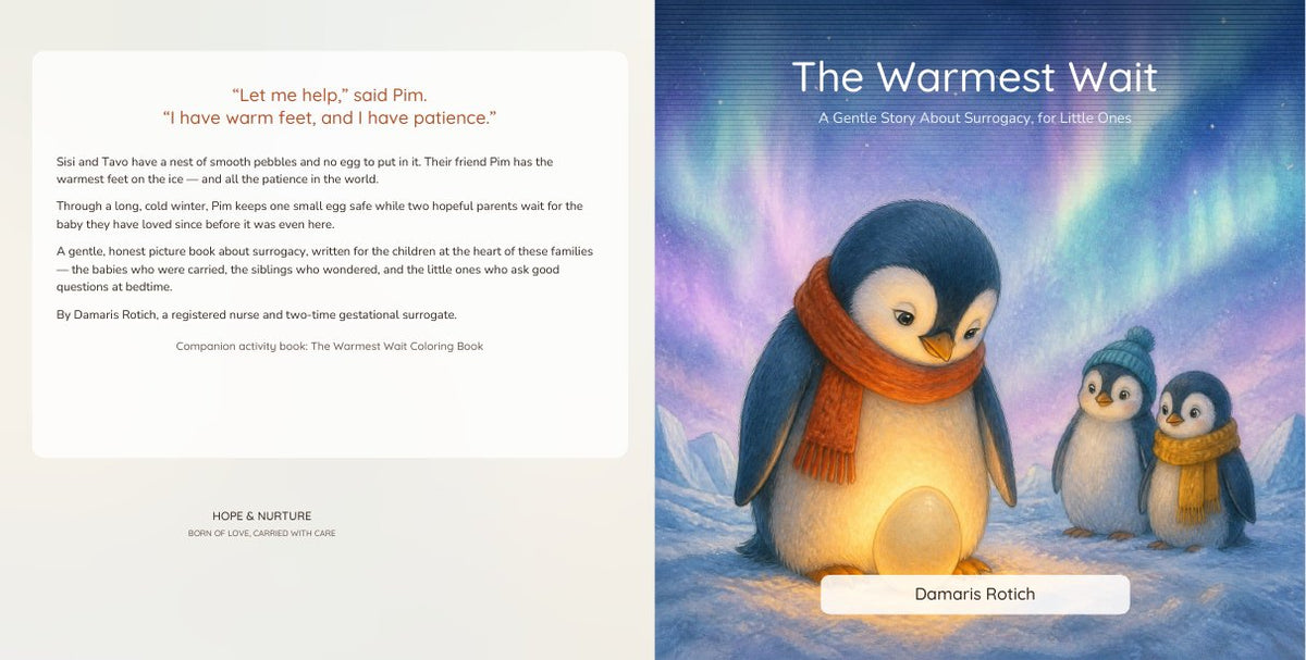 The Warmest Wait picture book cover — watercolor penguins keeping an egg warm