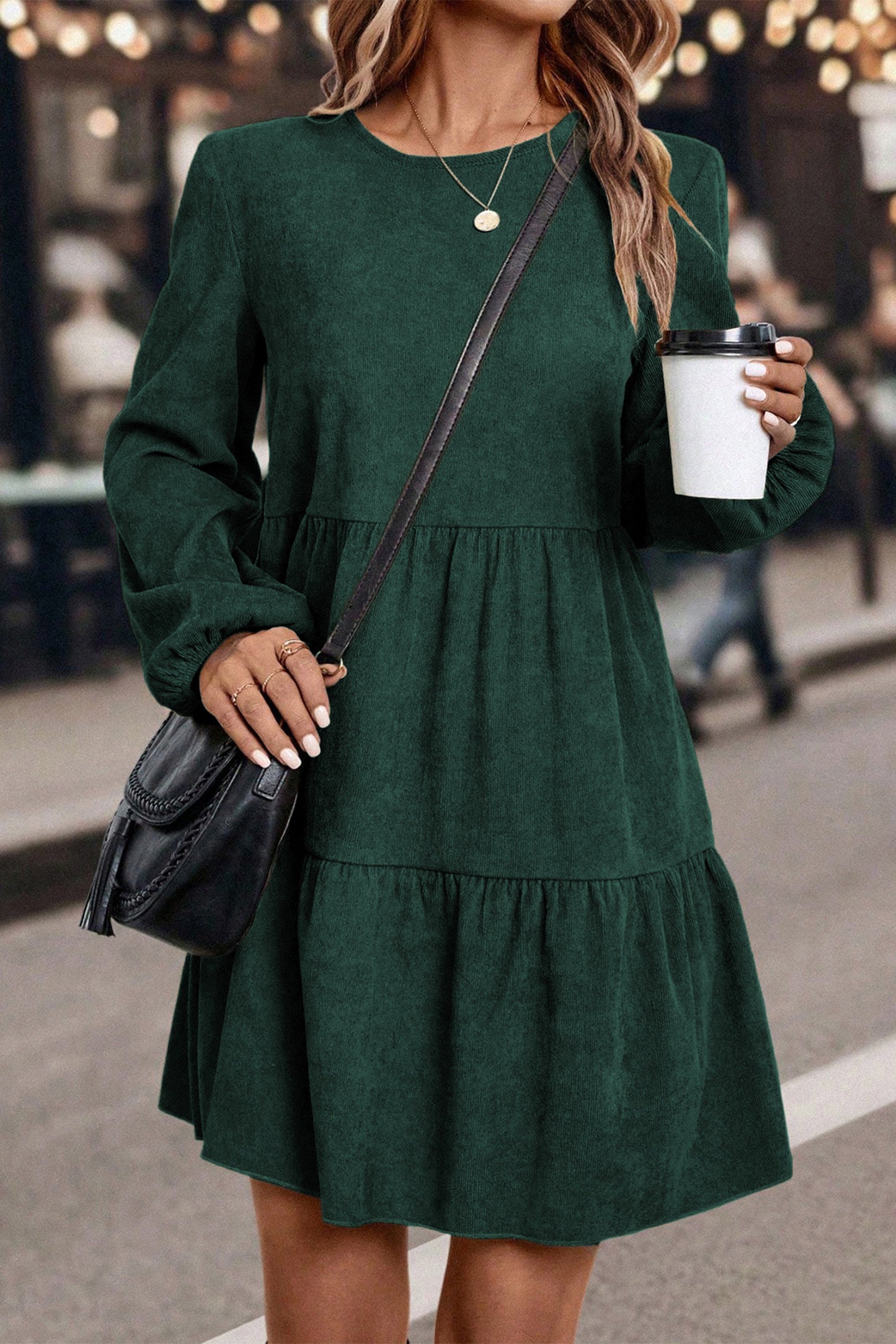 Dark Brown Lantern Sleeve Tiered Mini Dress