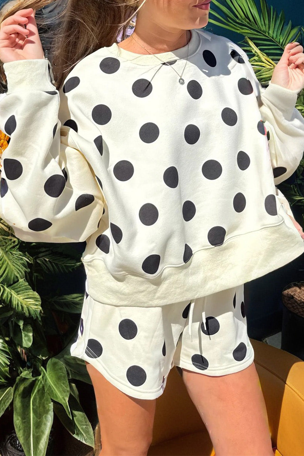 Pink Polka Dot Print Drop Shoulder Pullover Drawstring Shorts Set