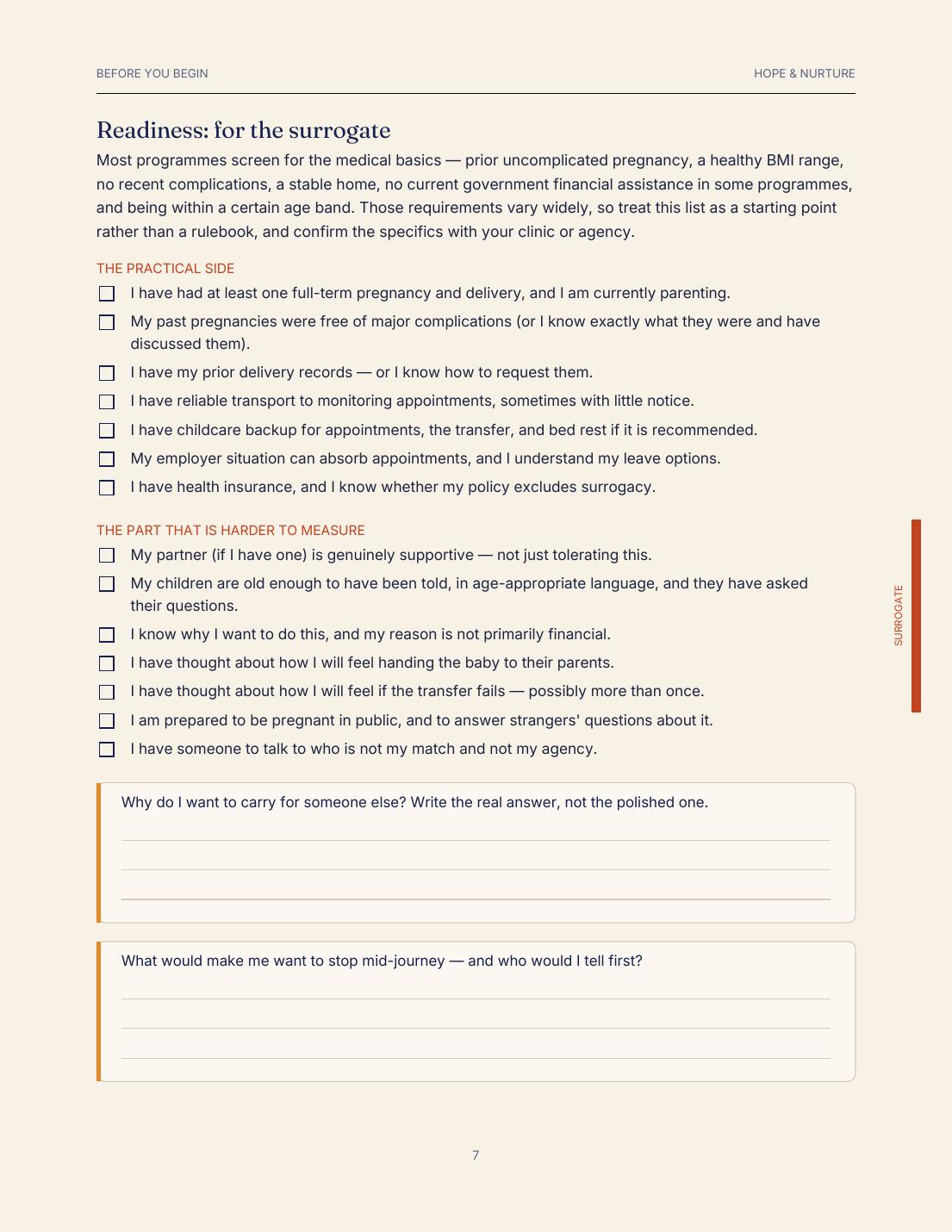Sample page: readiness checklist for the surrogate