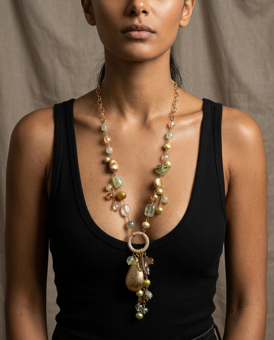 Grounded Gemstone Pearl Lariat Necklace-0